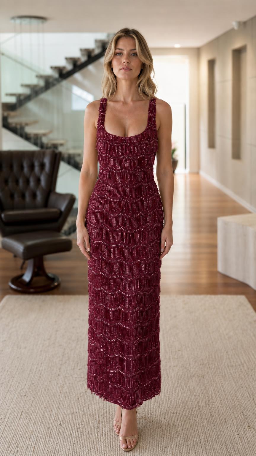 Front view of model wearing burgundy sequin maxi dress