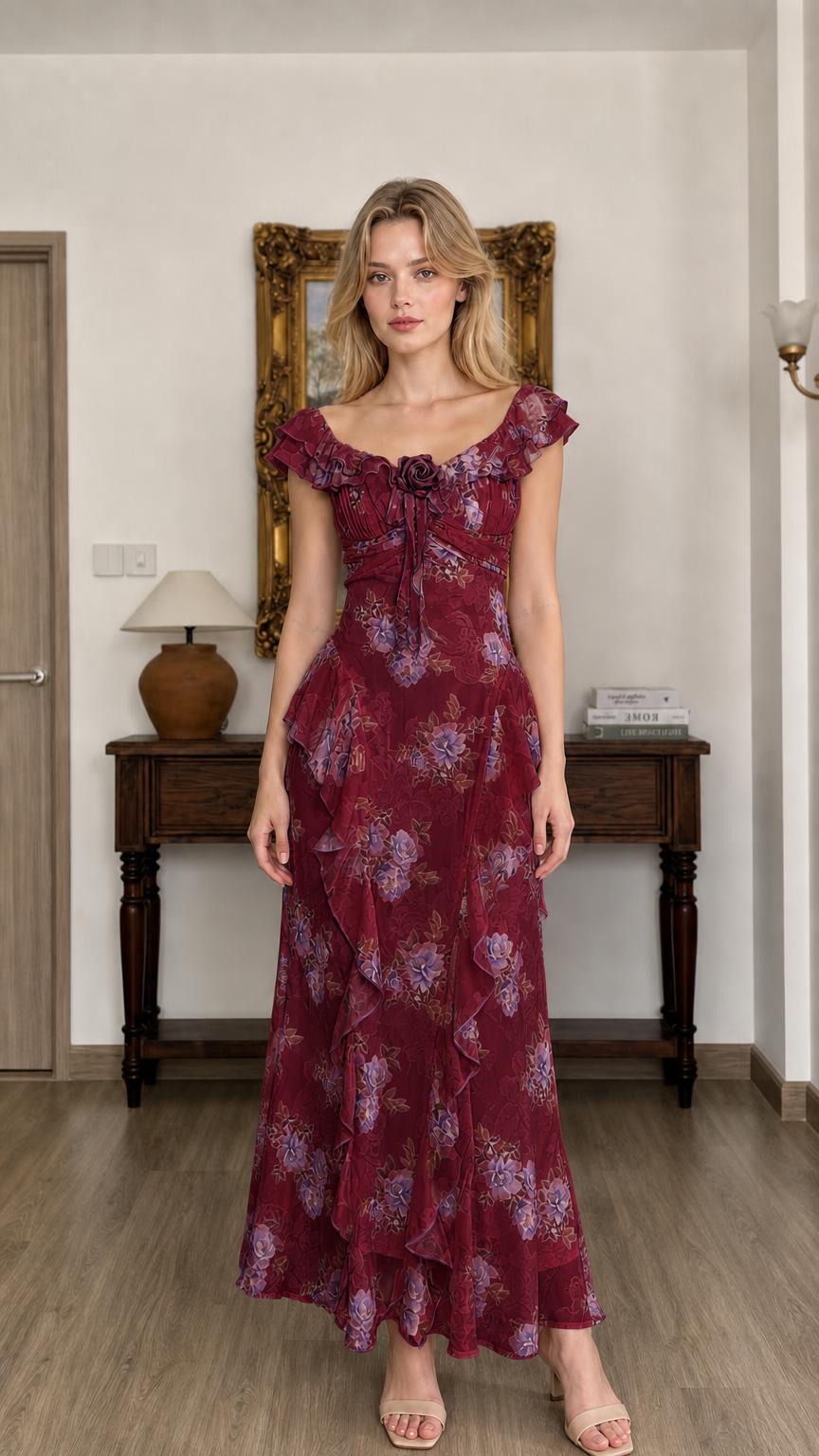 Floral Print Ruffled Maxi Dress in Burgundy