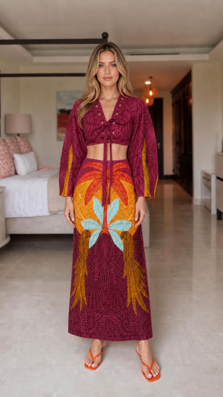 Model wearing Burgundy tropical embroidered two-piece set