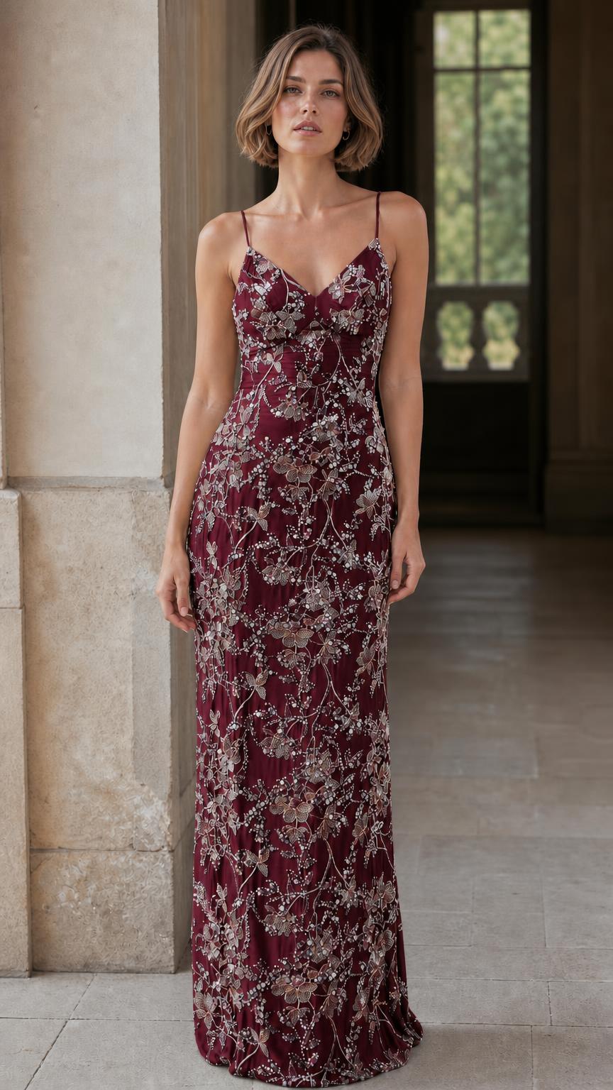 Elegance Sequin Embroidered Slip Maxi Dress in Burgundy