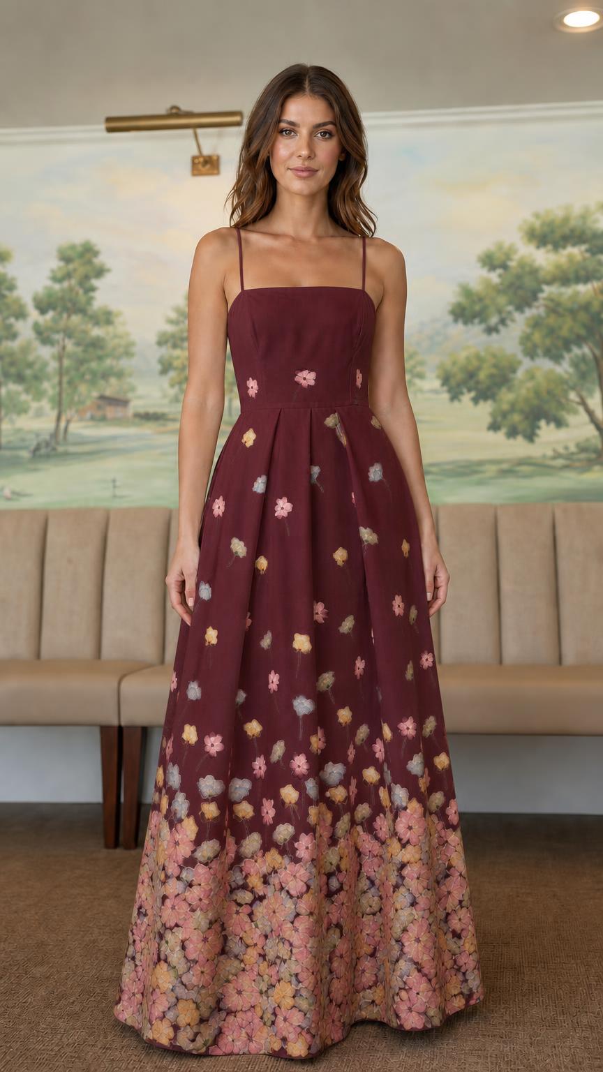 Front view of burgundy floral ombre maxi dress