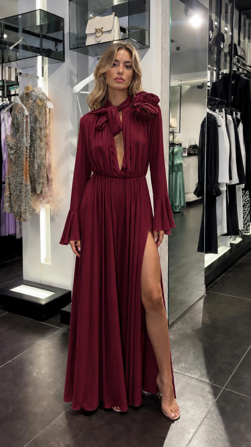 Front view of burgundy long sleeve maxi dress with high slit