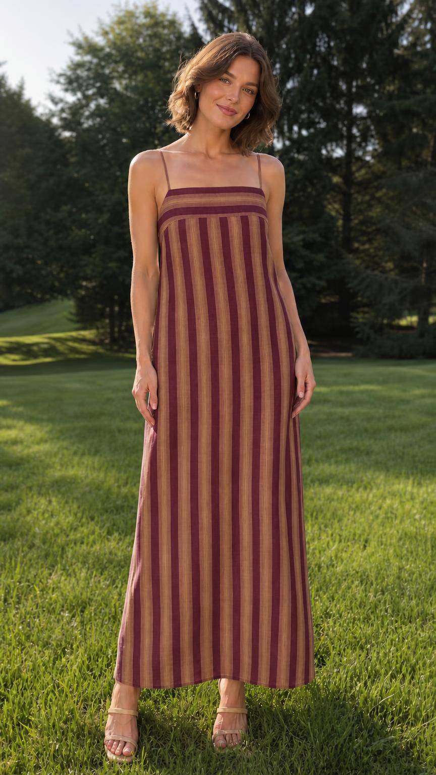 Woman wearing burgundy striped maxi dress