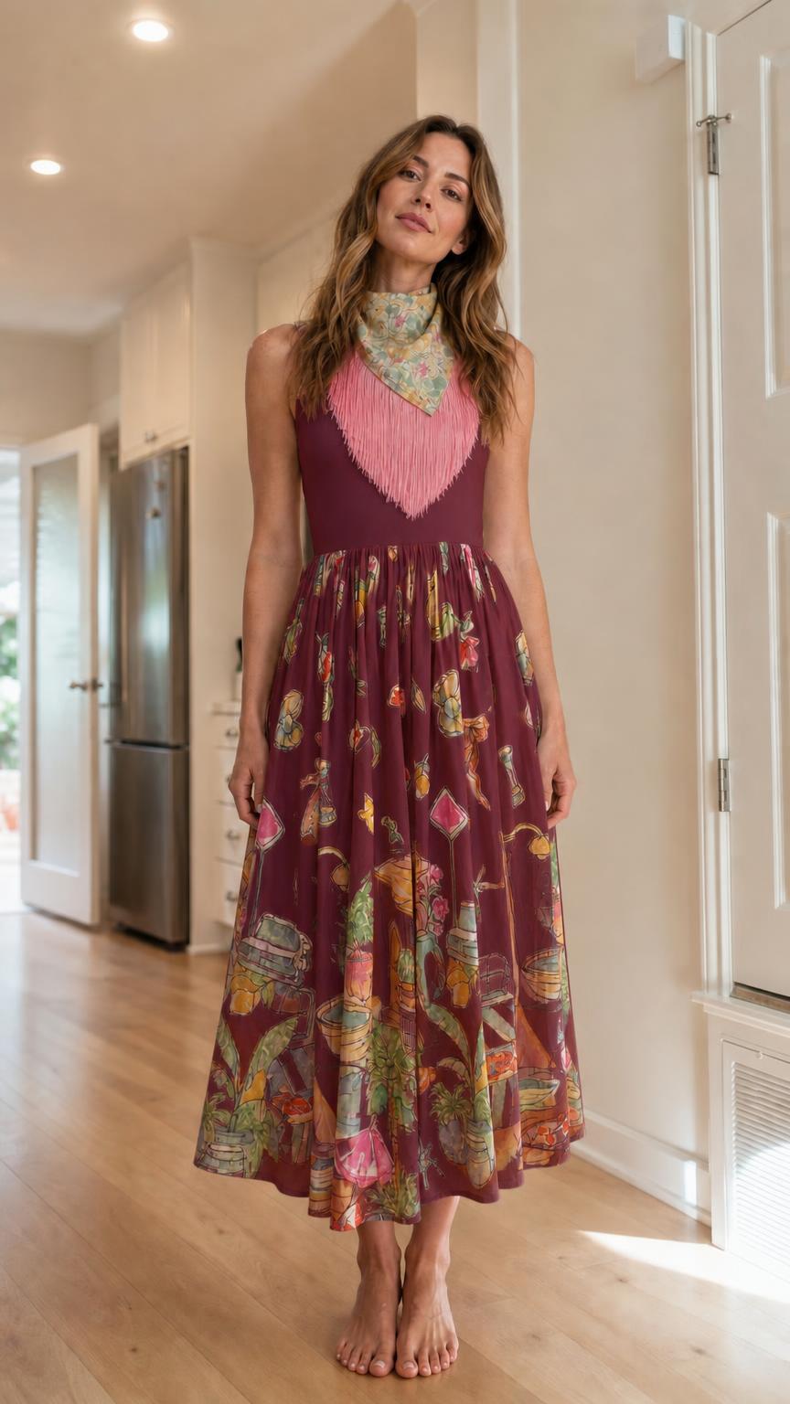 Front view of burgundy color variant of the floral midi dress