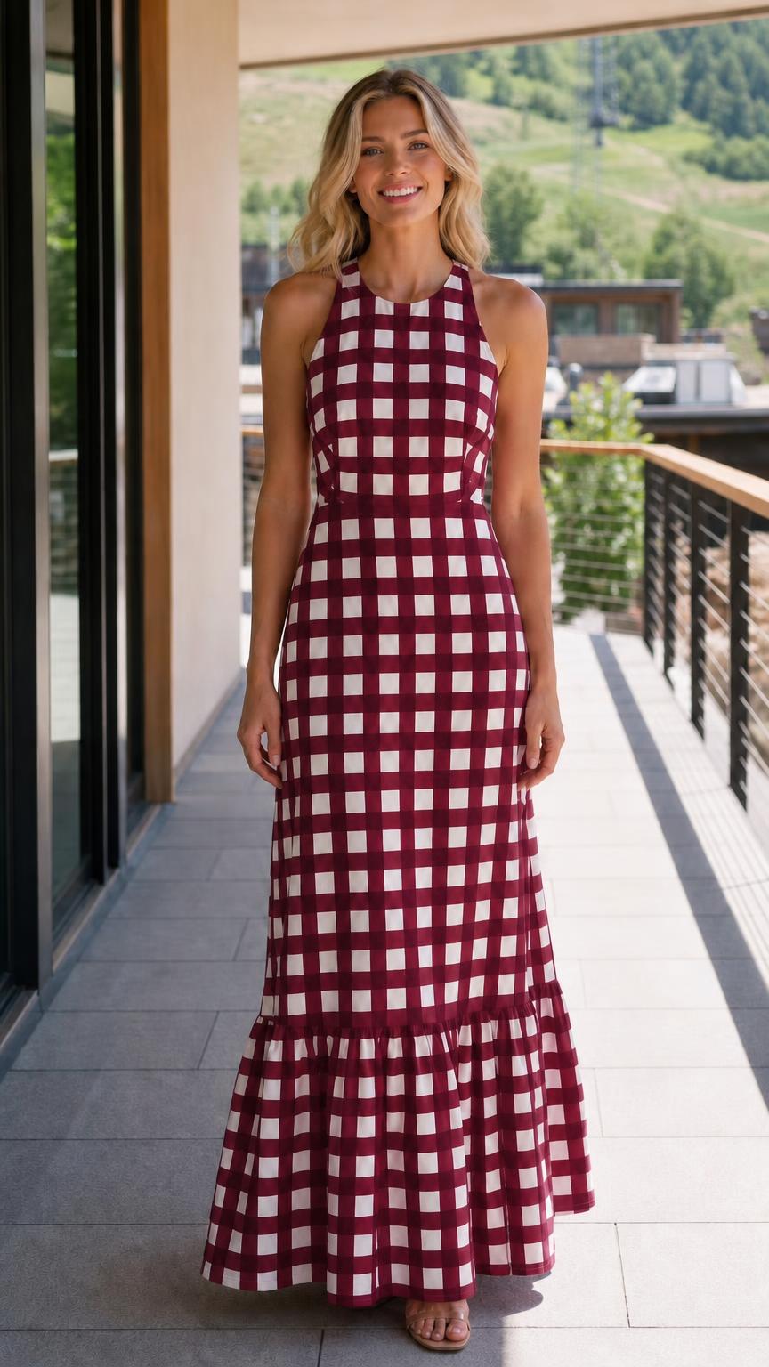 Woman wearing burgundy gingham maxi dress