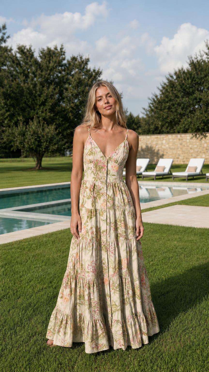 Model wearing beige floral print maxi dress