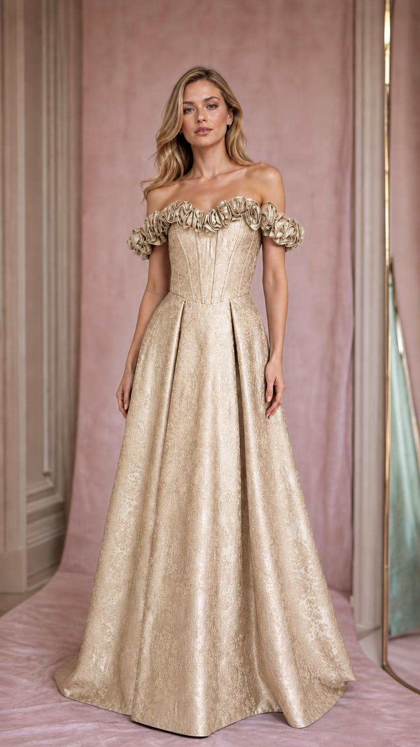 Model wearing champagne off-shoulder brocade evening gown
