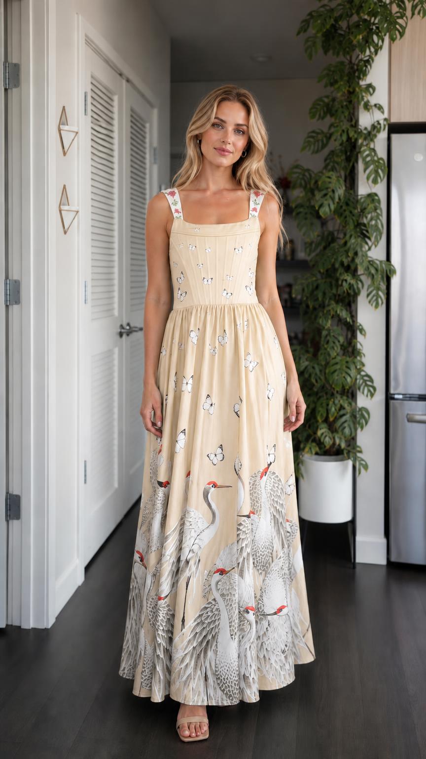 Model wearing beige color variant of crane maxi dress