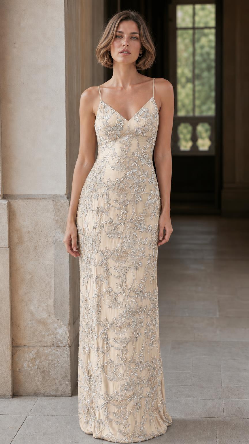 Elegance Sequin Embroidered Slip Maxi Dress in Champagne