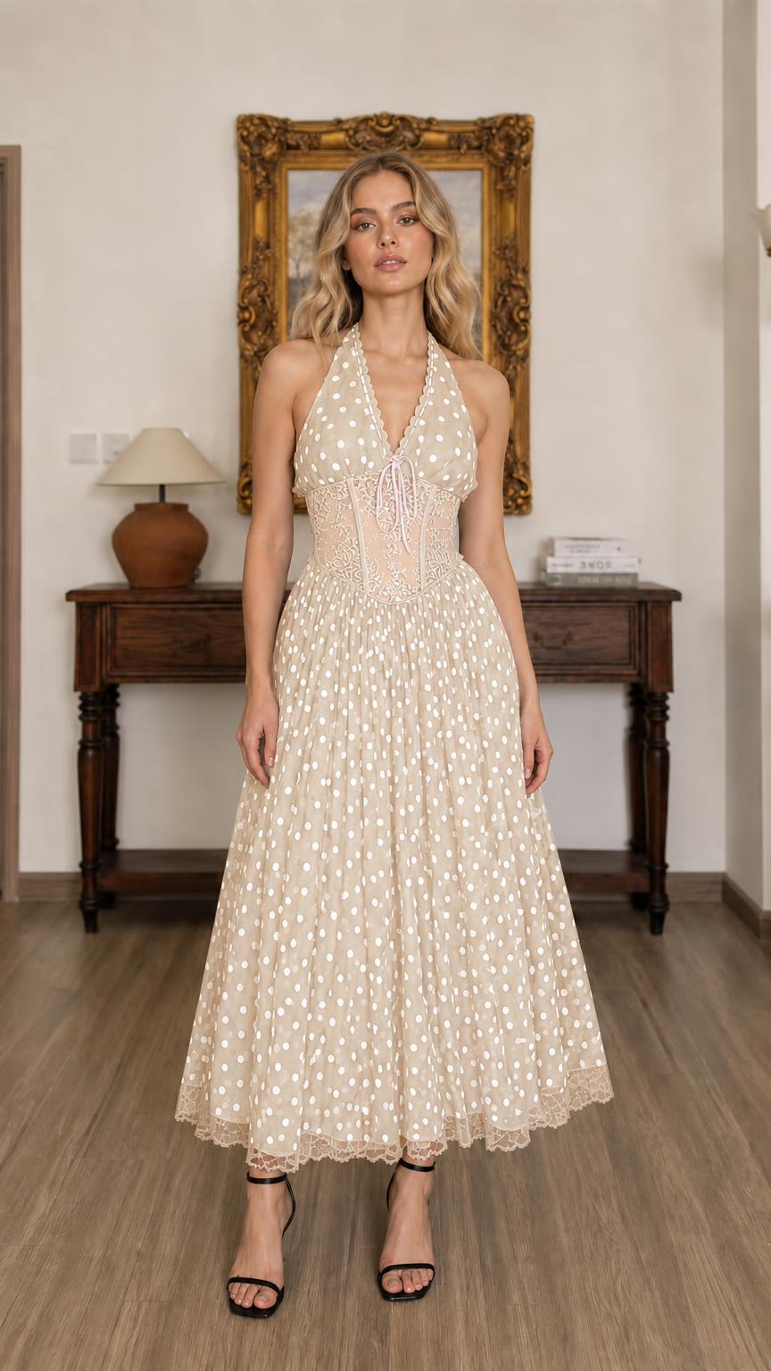 Front full view of beige polka dot halter midi dress on model