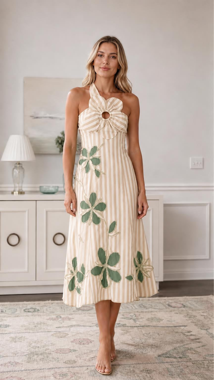 Front view of beige striped halter midi dress