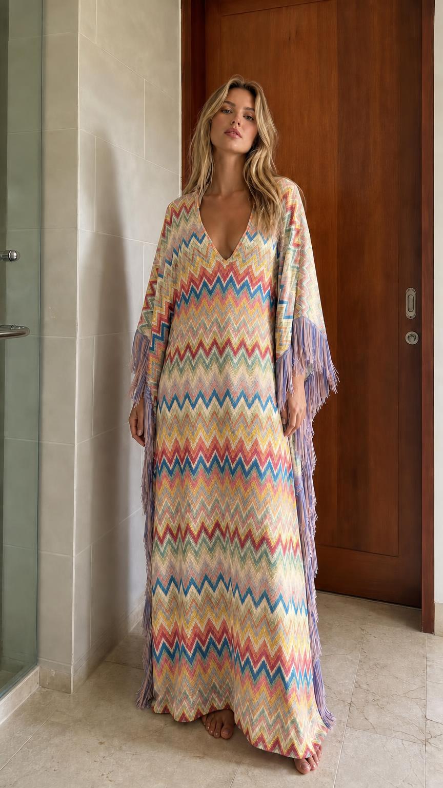 Model wearing cream-based chevron fringe maxi kaftan dress