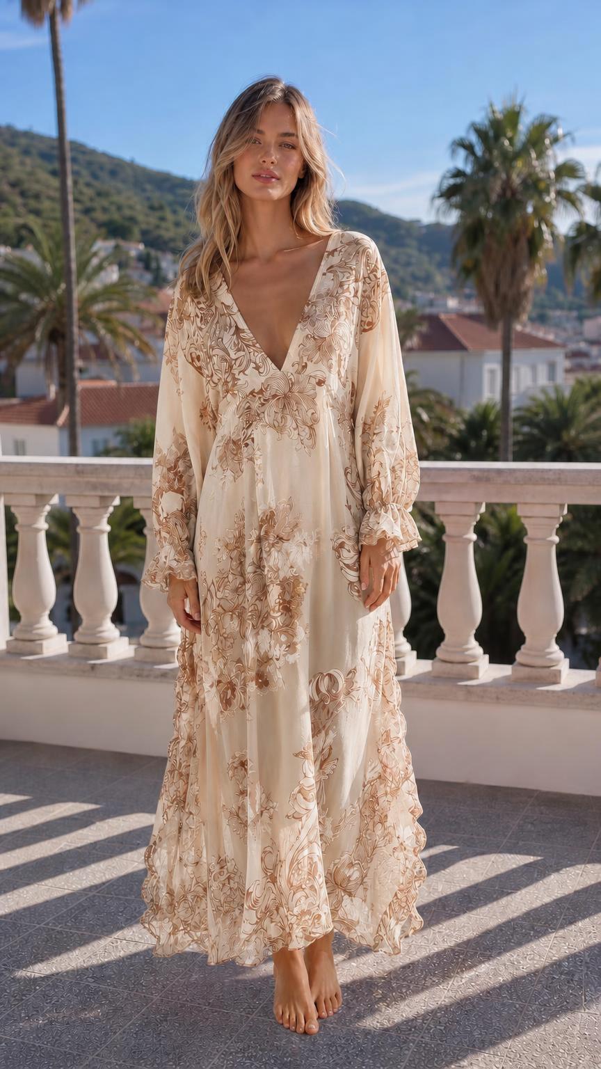Full length view of cream floral maxi dress variant