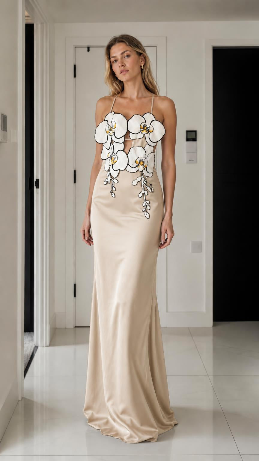 Elegance 3D Floral Applique Satin Maxi Dress in champagne variant