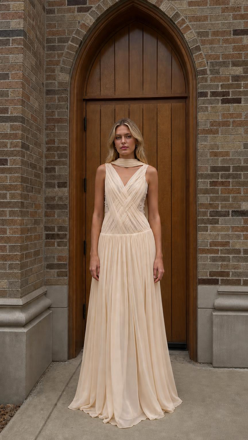 Front view of champagne chiffon maxi dress