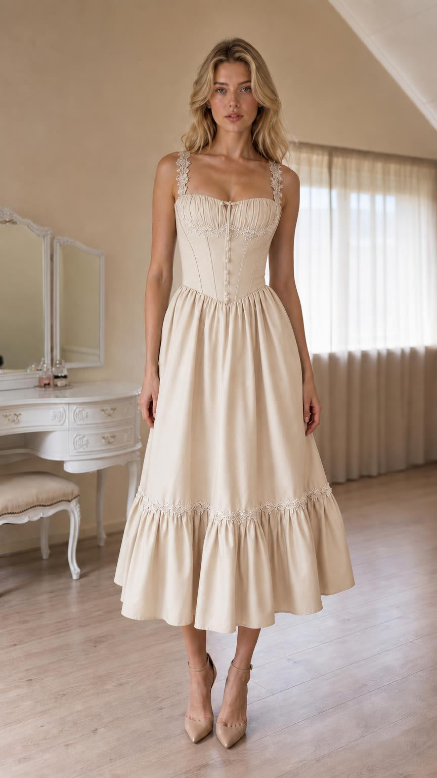 Front view of Cream corset style midi dress
