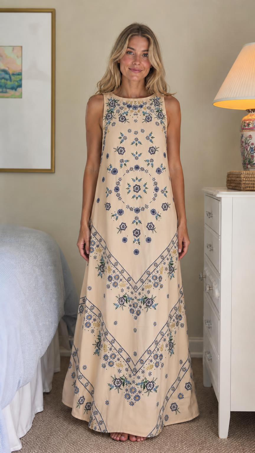 Front view of beige floral embroidered maxi dress