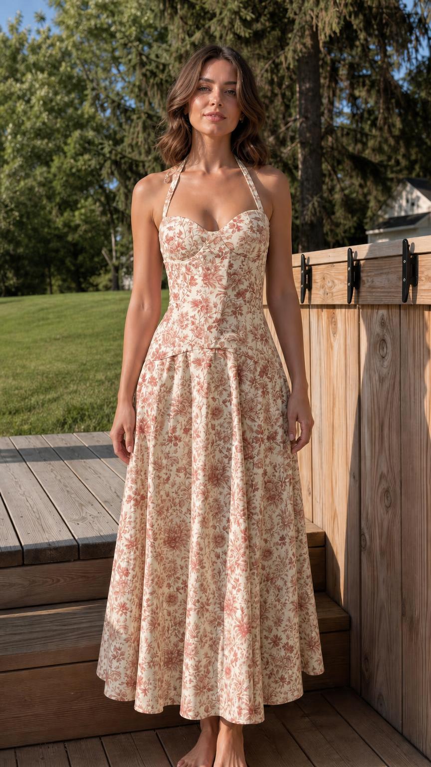 Woman wearing cream floral halter midi dress