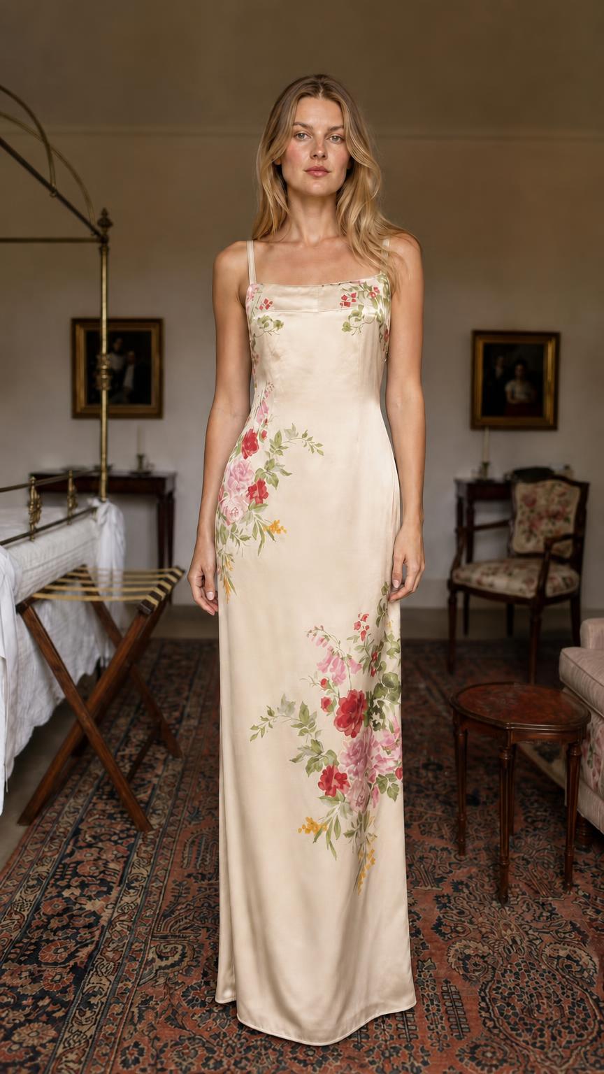 Model wearing champagne floral satin maxi dress