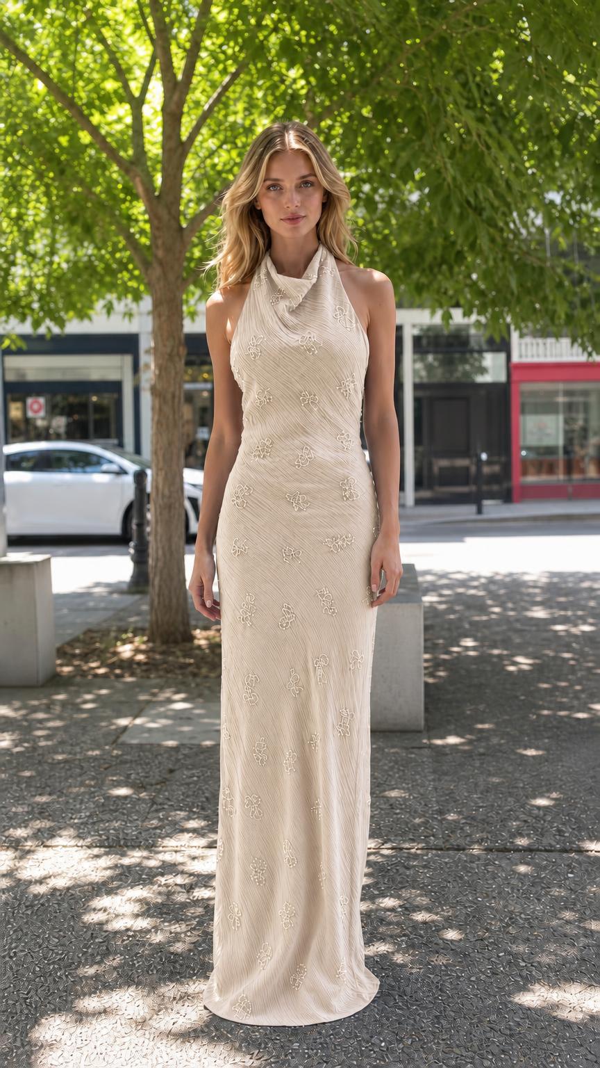 Front view of champagne halter neck beaded maxi dress