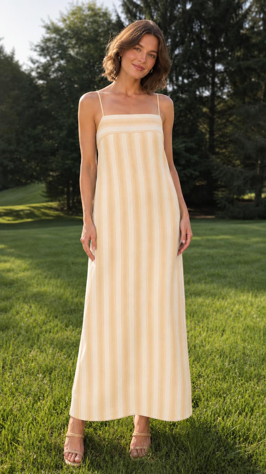 Woman wearing yellow striped maxi dress