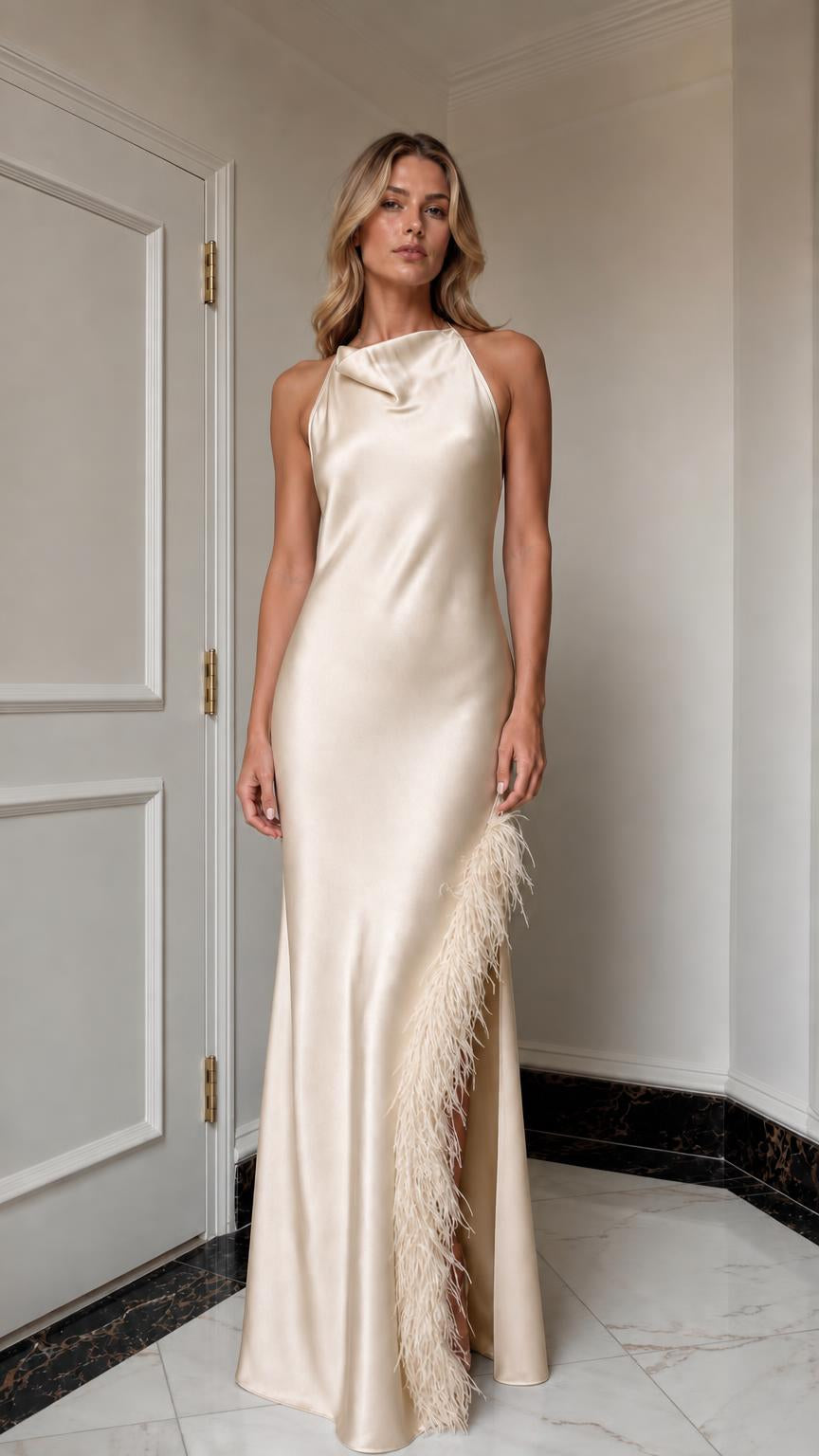 Champagne satin halter maxi dress with feather trim