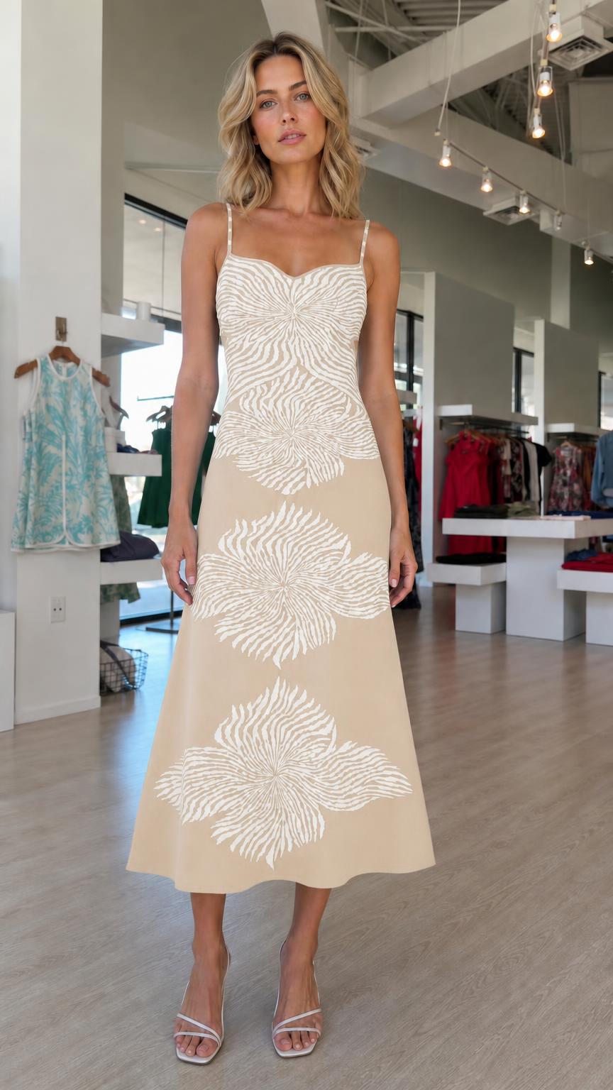 Model wearing beige knit midi dress with white abstract floral motifs