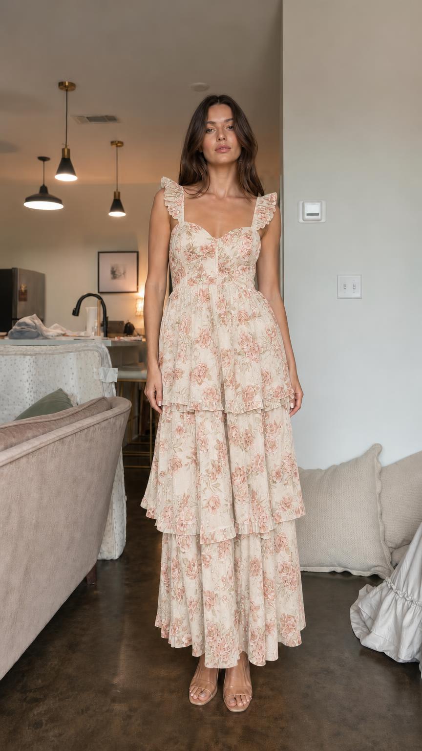 Front view of model wearing beige floral ruffle tiered maxi dress