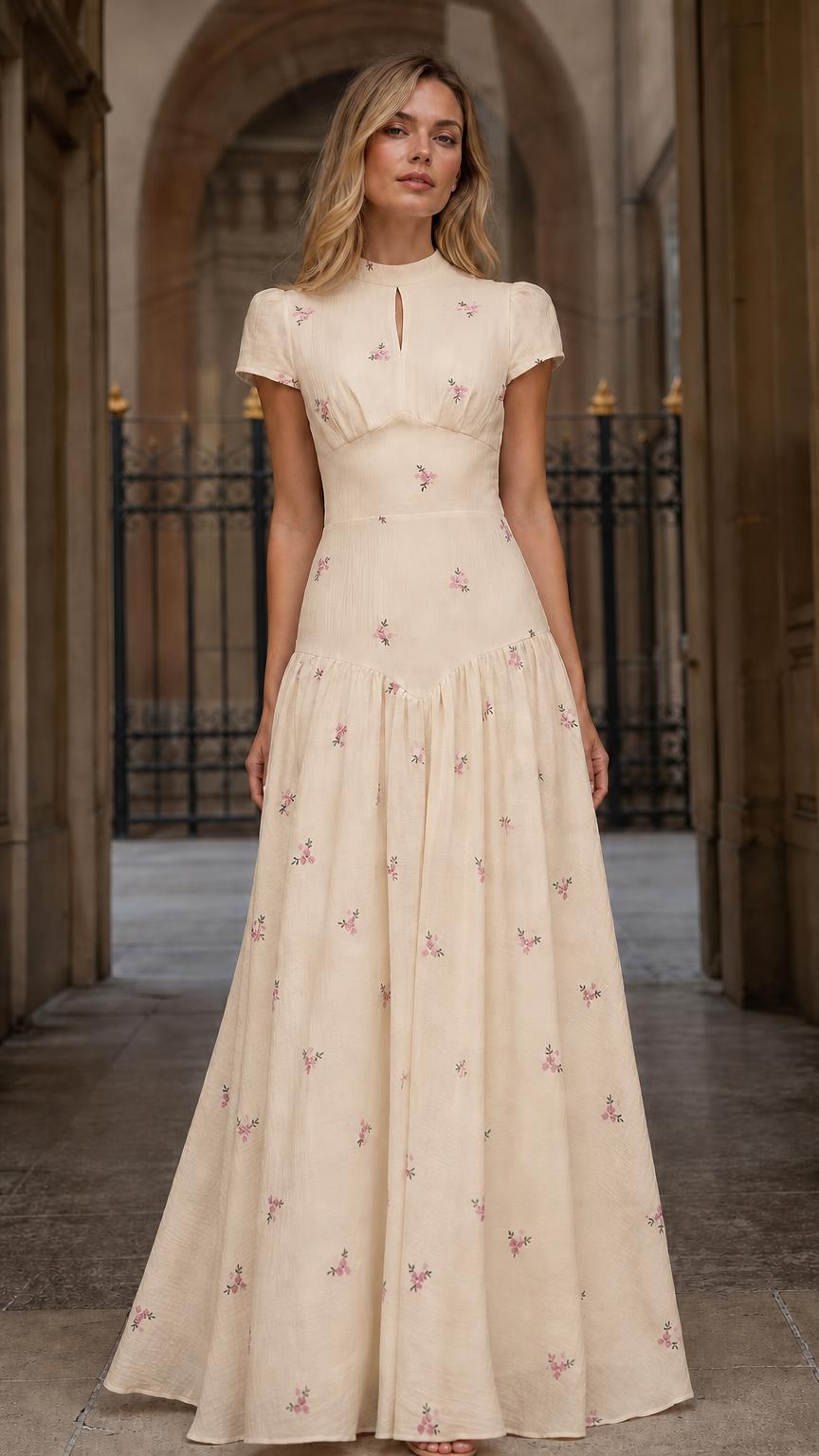 Front view of Beige floral embroidered maxi dress