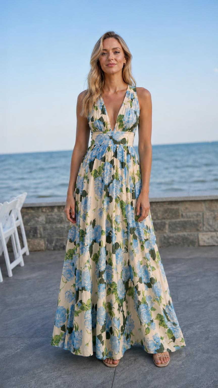 Woman wearing cream floral maxi dress variant