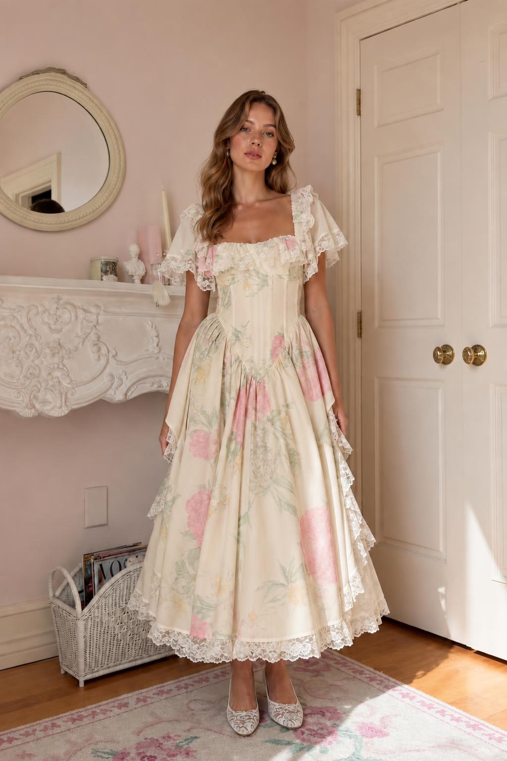 Front view in cream floral colorway