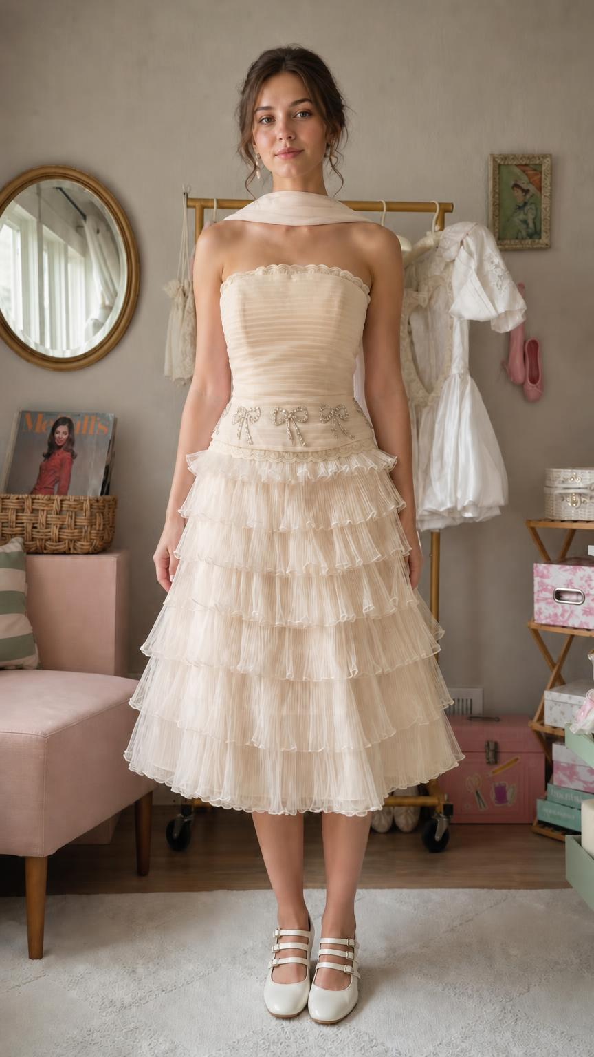 Front view of champagne strapless tiered ruffle midi dress with white neck scarf
