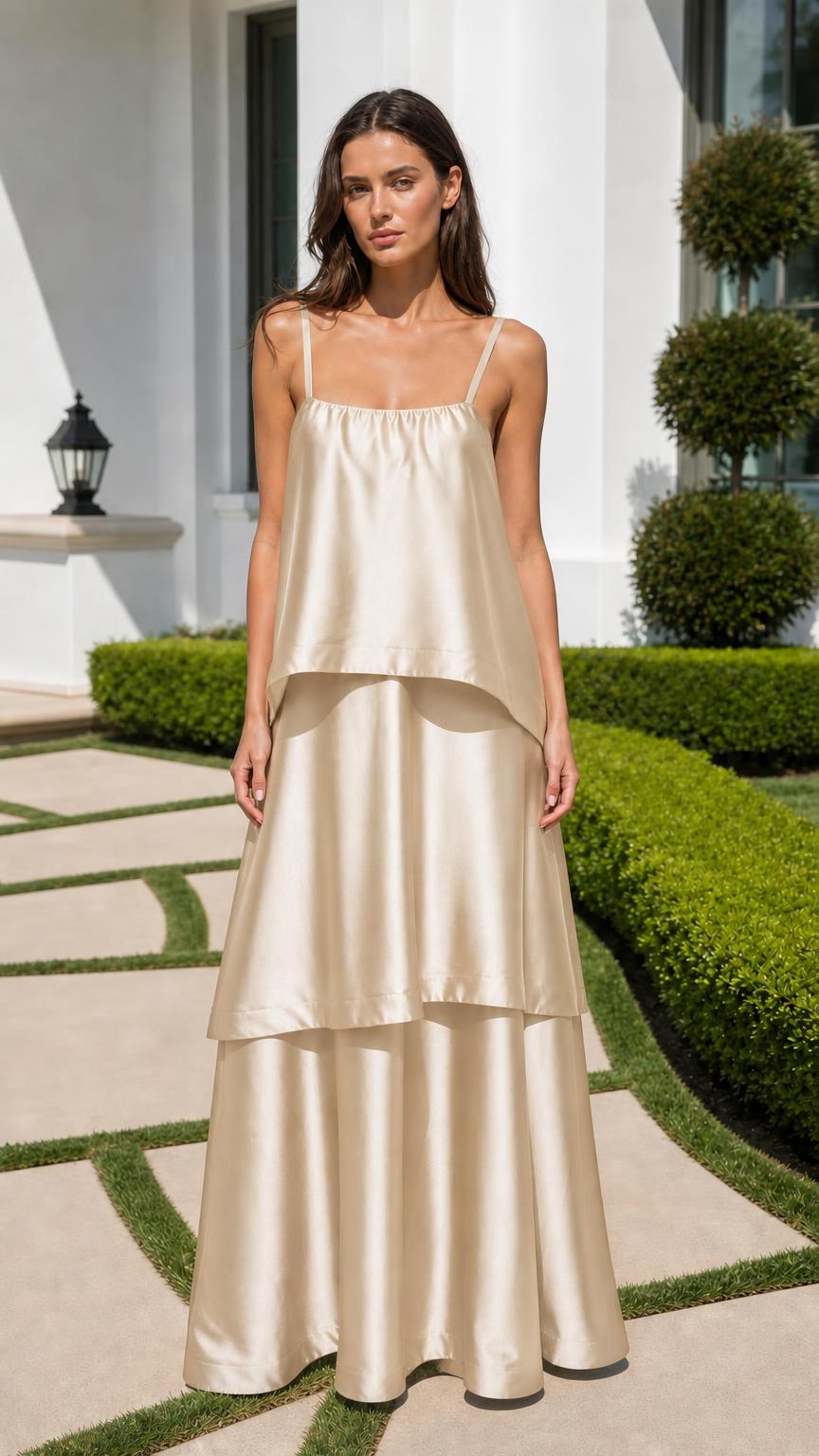 Front view of model wearing champagne tiered maxi dress