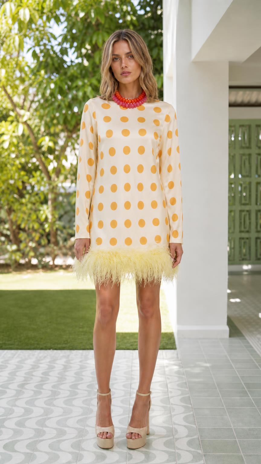 Cream polka dot mini dress with feather hem
