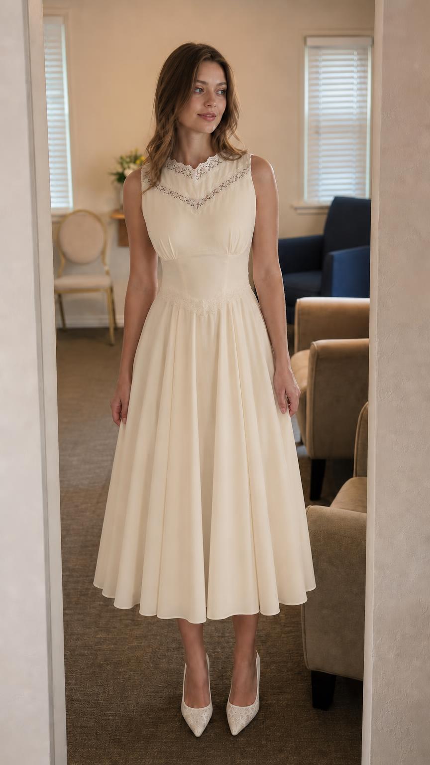 Front view of model wearing champagne lace trim midi dress