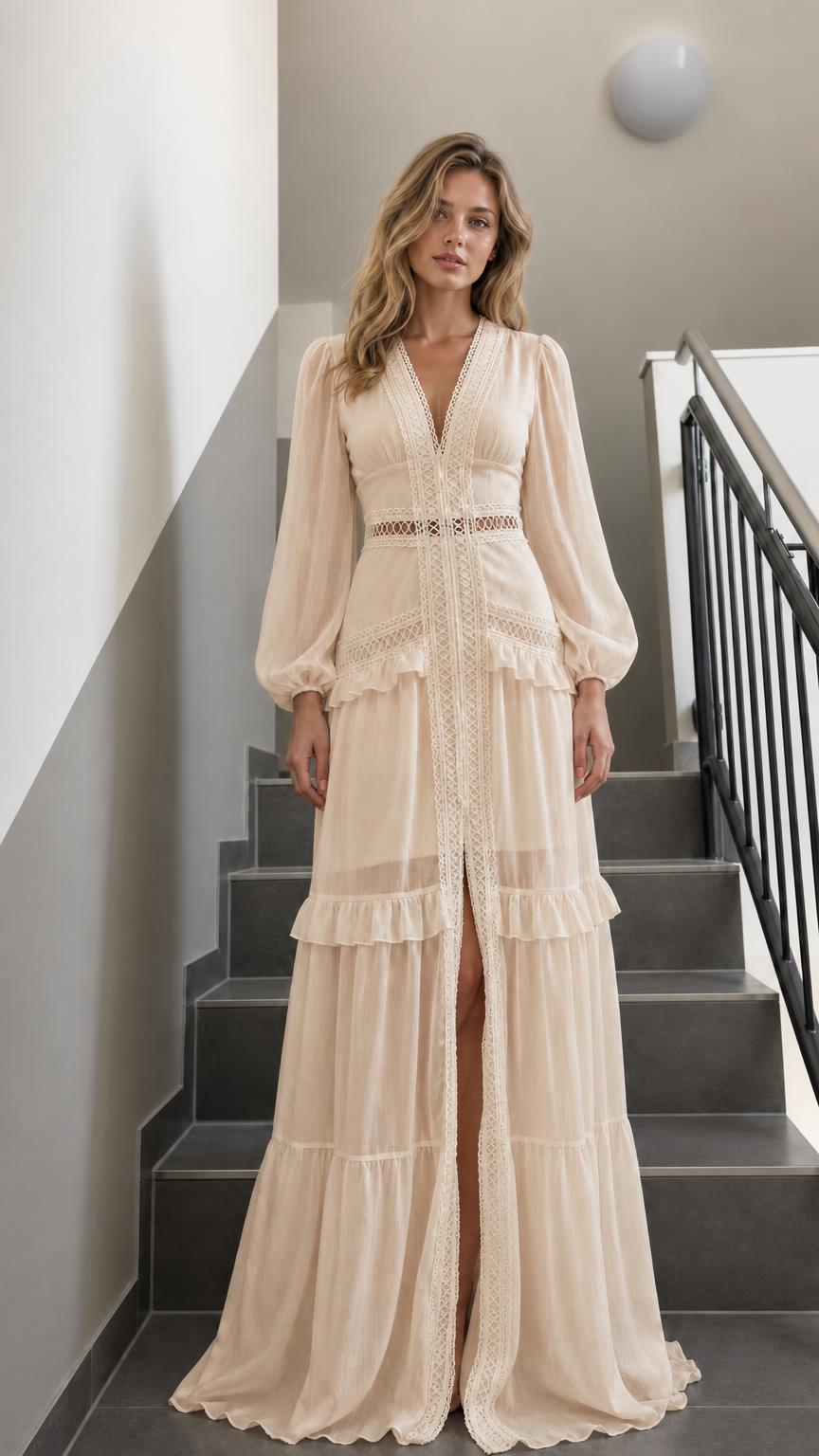 Front view of Champagne V-Neck Long Sleeve Ruffle Tiered Maxi Dress