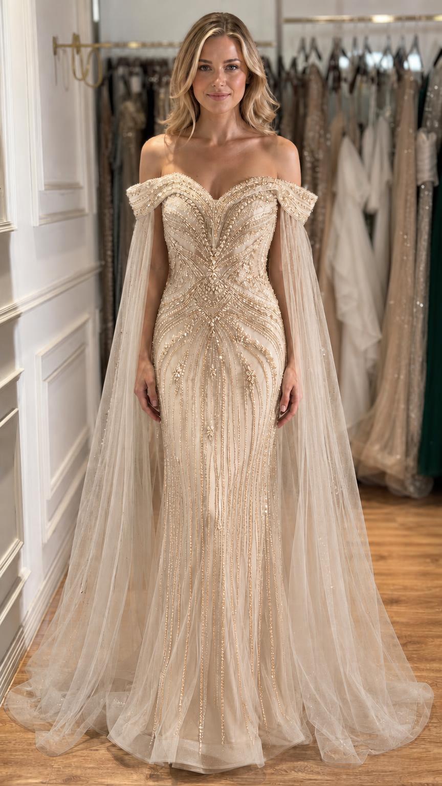 Champagne beaded mermaid evening gown with cape