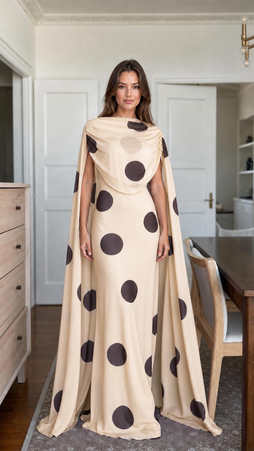 Beige polka dot cape maxi dress front view
