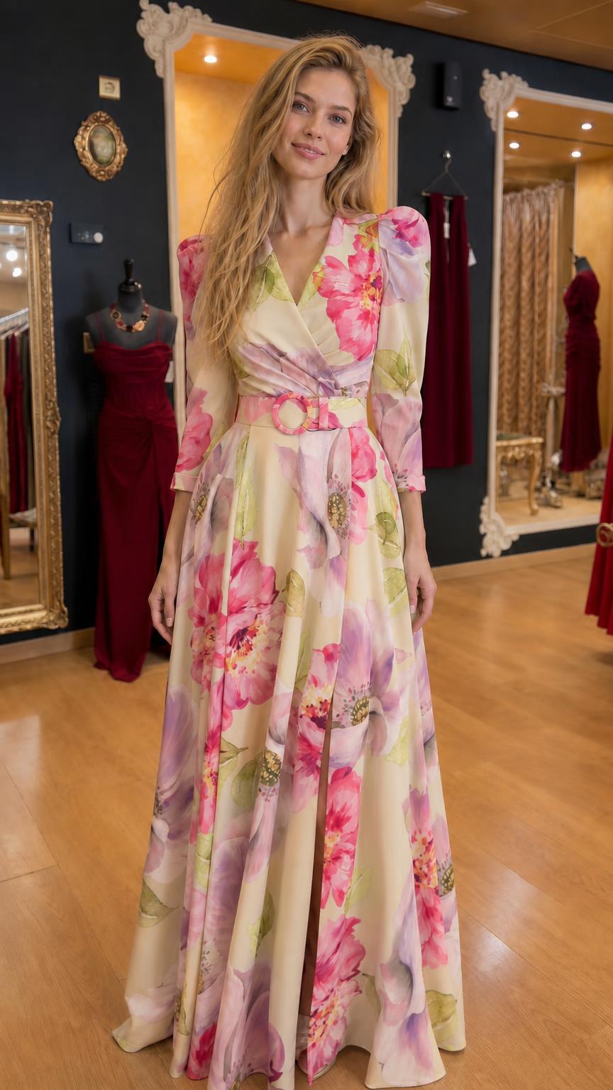 Front view of yellow floral maxi dress