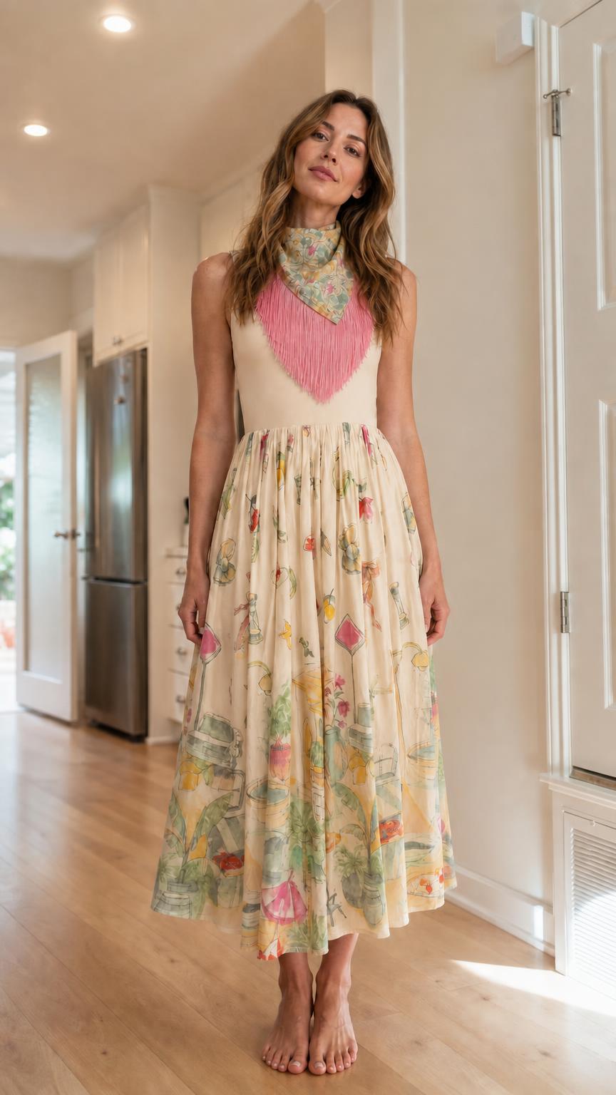 Front view of beige color variant of the floral midi dress