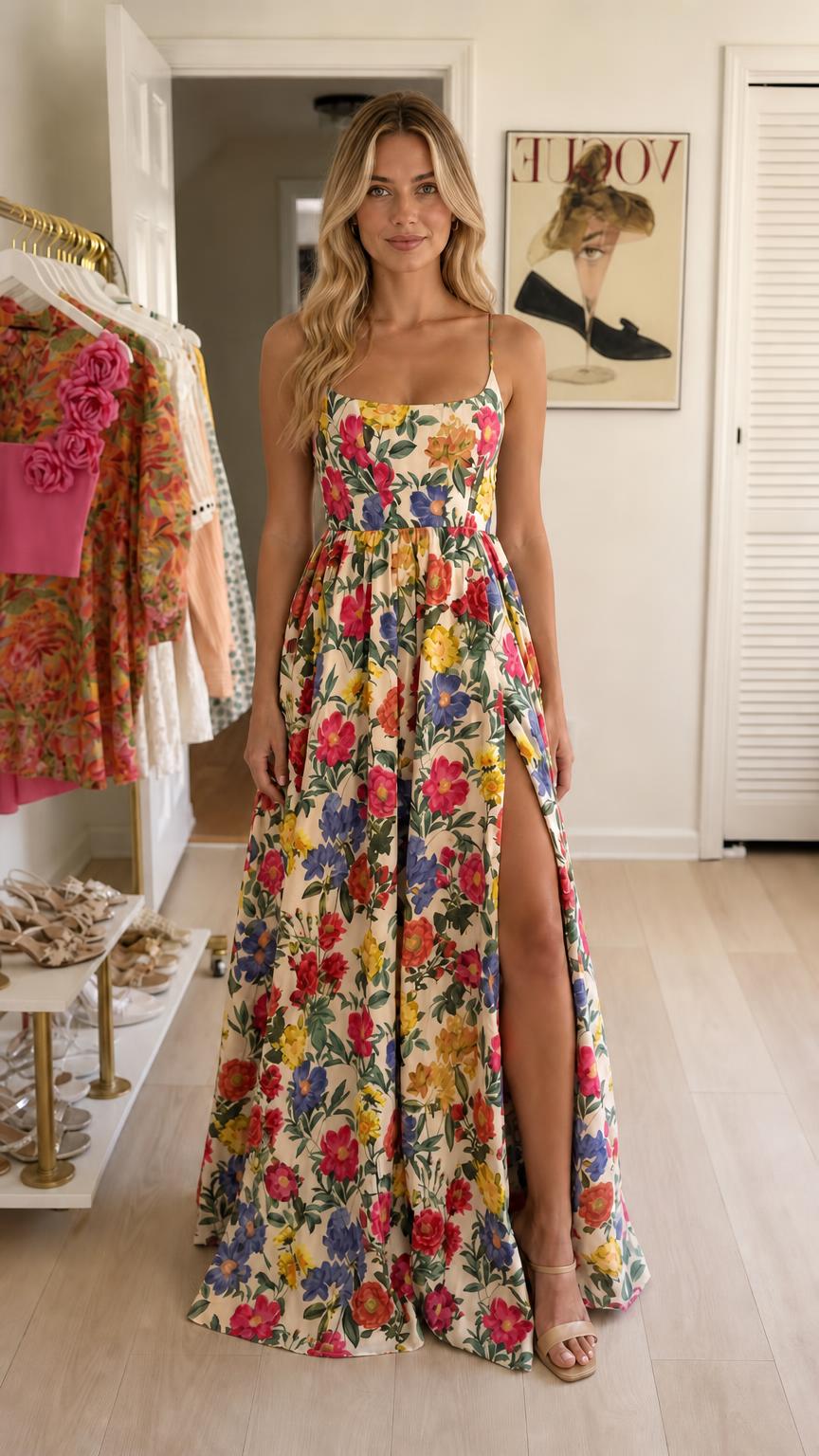 Woman wearing cream floral maxi dress