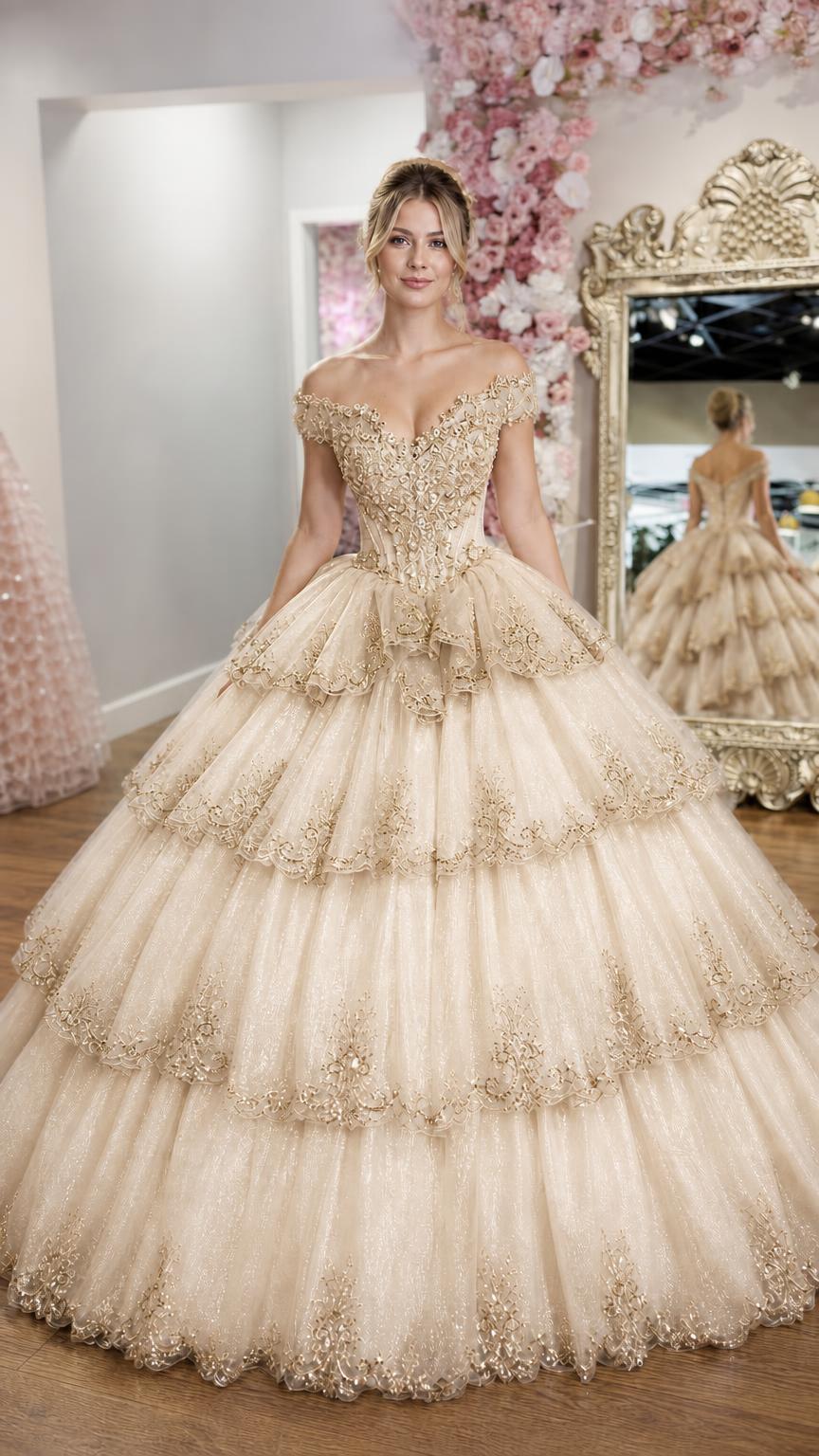 Front view of champagne ball gown variant