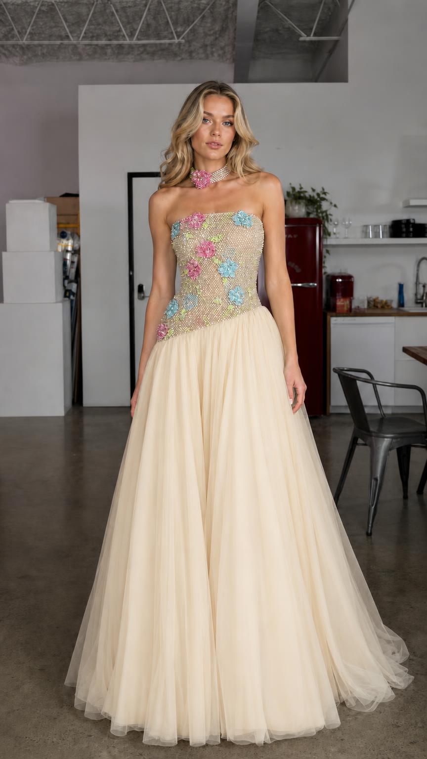 Champagne variant of the crystal embellished strapless tulle evening gown