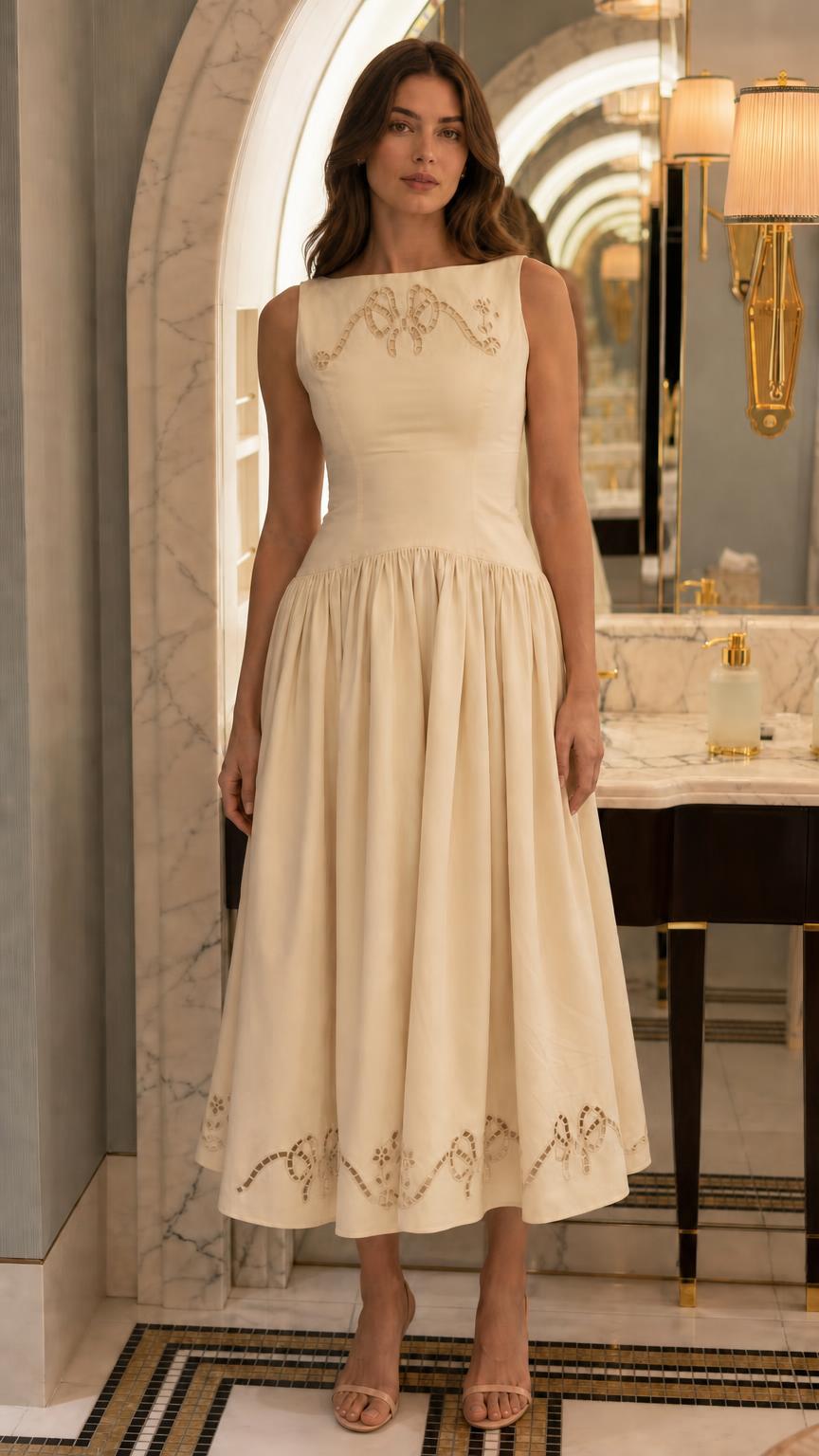 Front view of cream embroidered midi dress