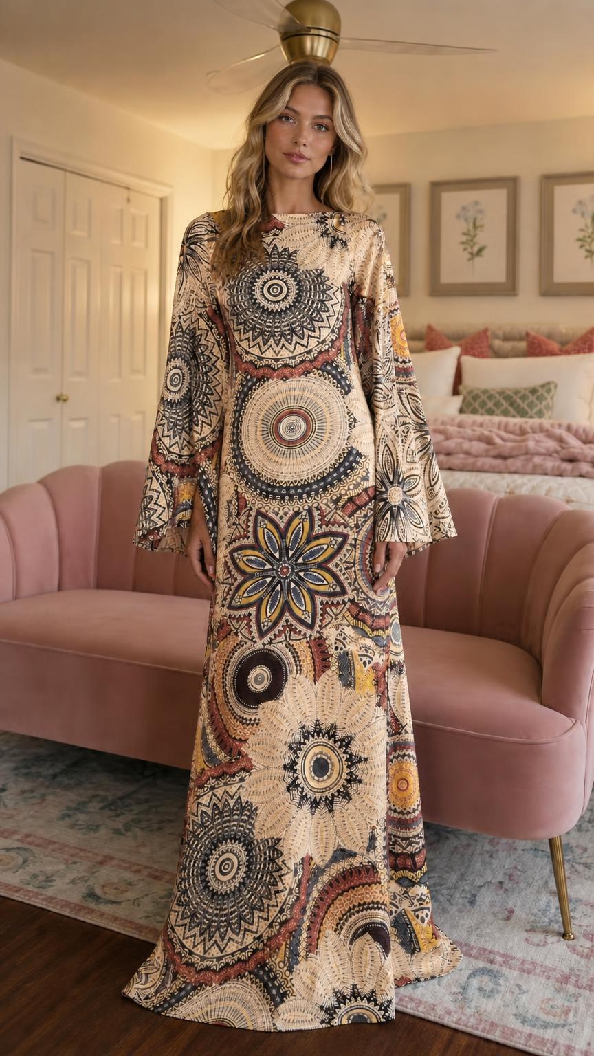 Front view of beige color variant maxi dress
