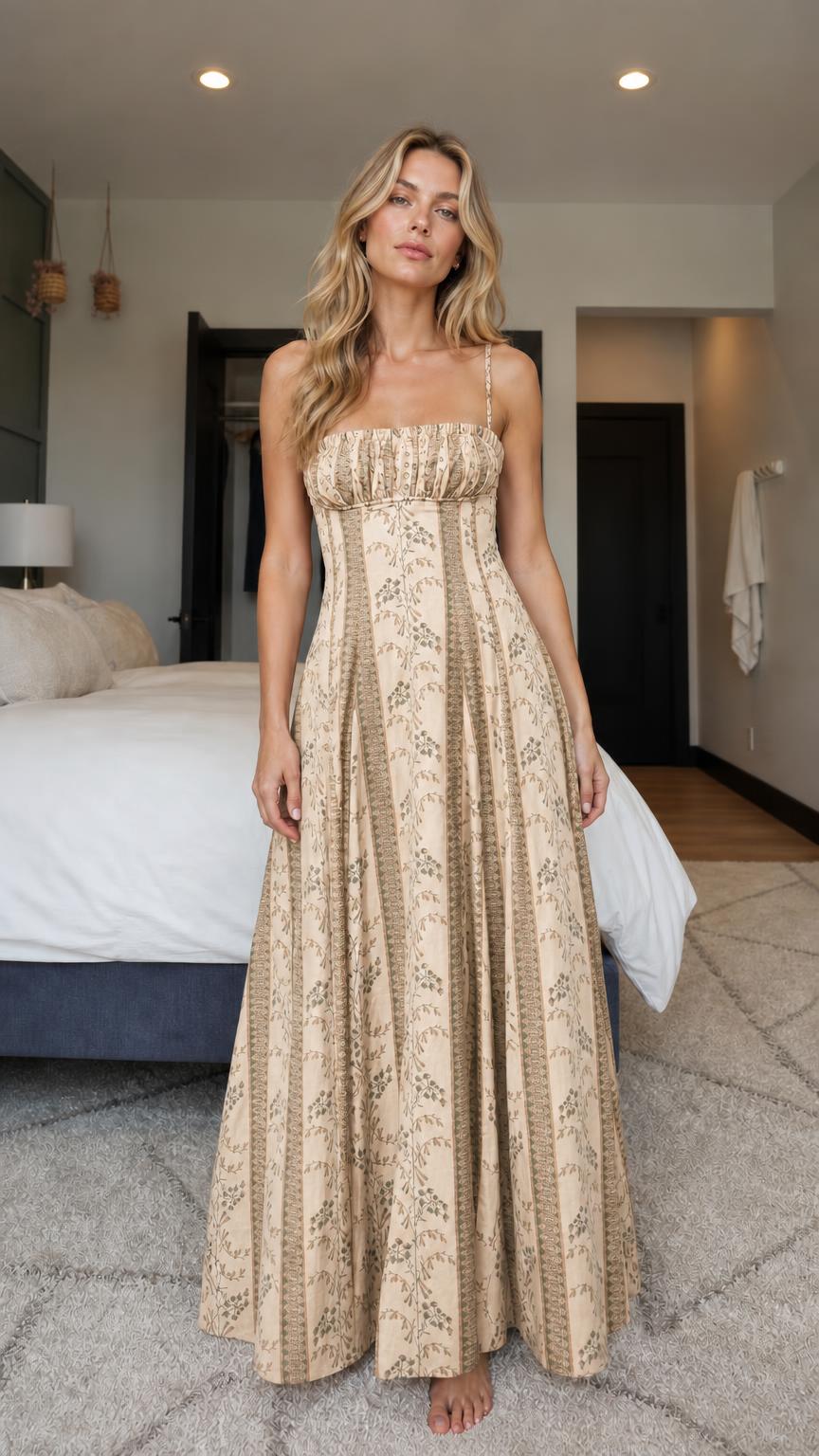 Model wearing beige color variant of floral smocked maxi dress