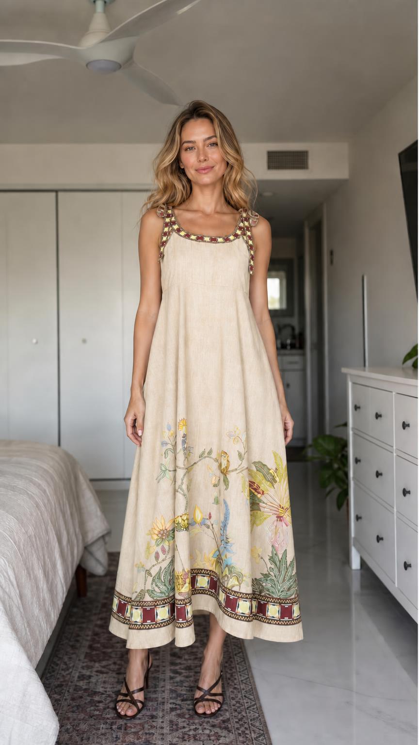 Woman wearing beige boho floral embroidered maxi dress