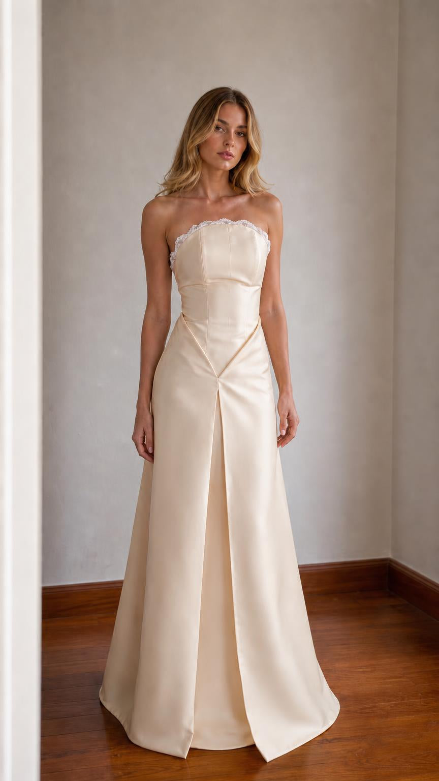 Elegance Strapless Lace Trim Satin Maxi Dress in champagne