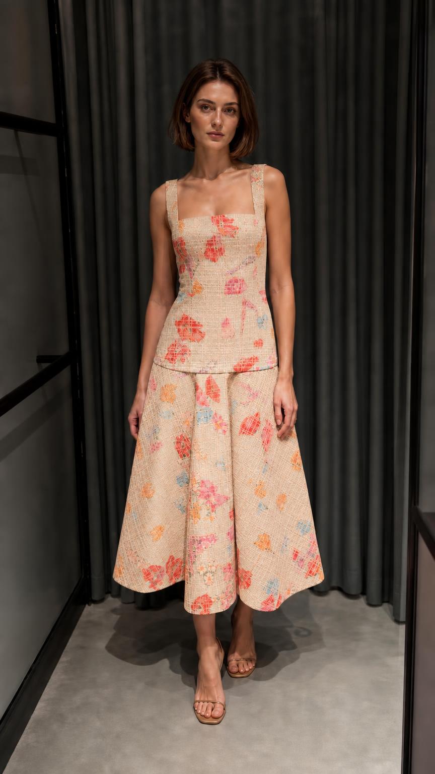 Front view of beige floral tweed top and midi skirt set