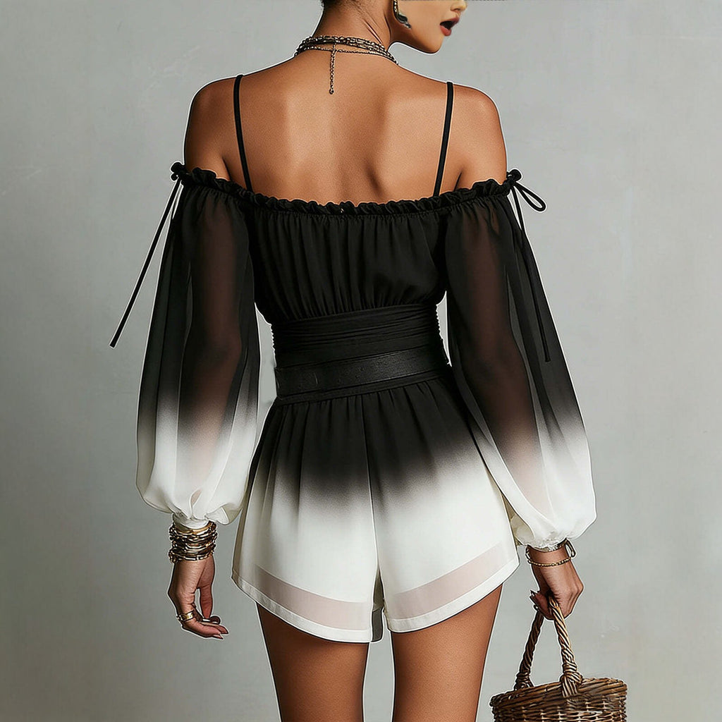 Off-Shoulder Ombre Jumpsuit Womens Summer Sexy Bandage Waist-Fitted Fashionable Shorts With Belt